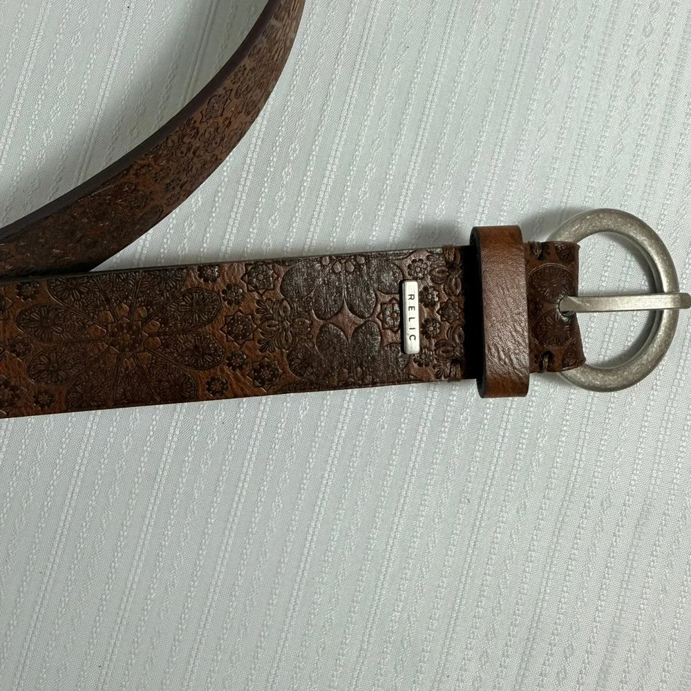 Relic Women Belt 2X Brown Embossed Floral Silver Buckle Western Boho Rustic Plus